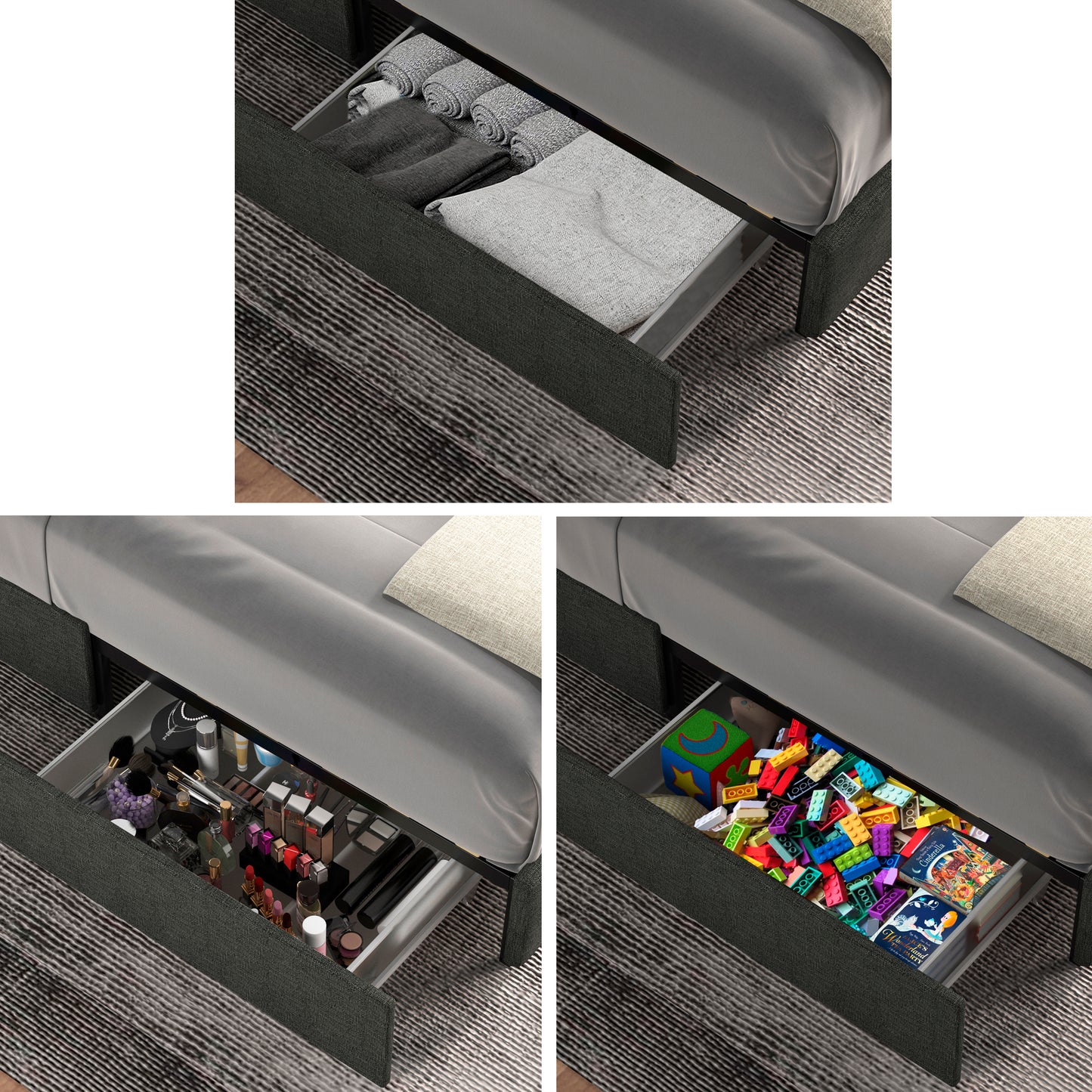 Queen Size Gray Linen Upholstered Platform Bed with Patented 4 Drawers Storage, No Box Spring Required