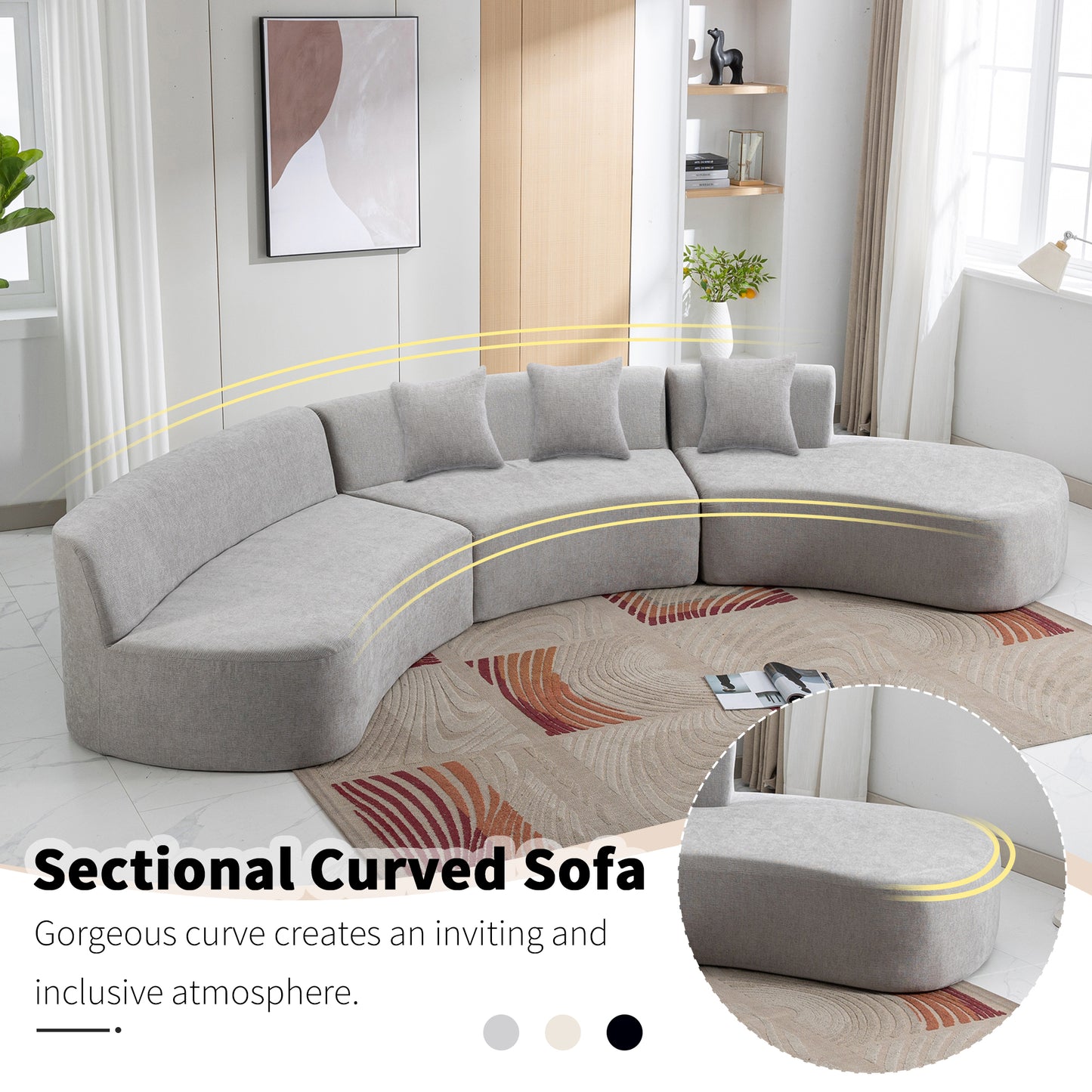 136.6" Stylish Curved sofa Sectional Sofa, Grey