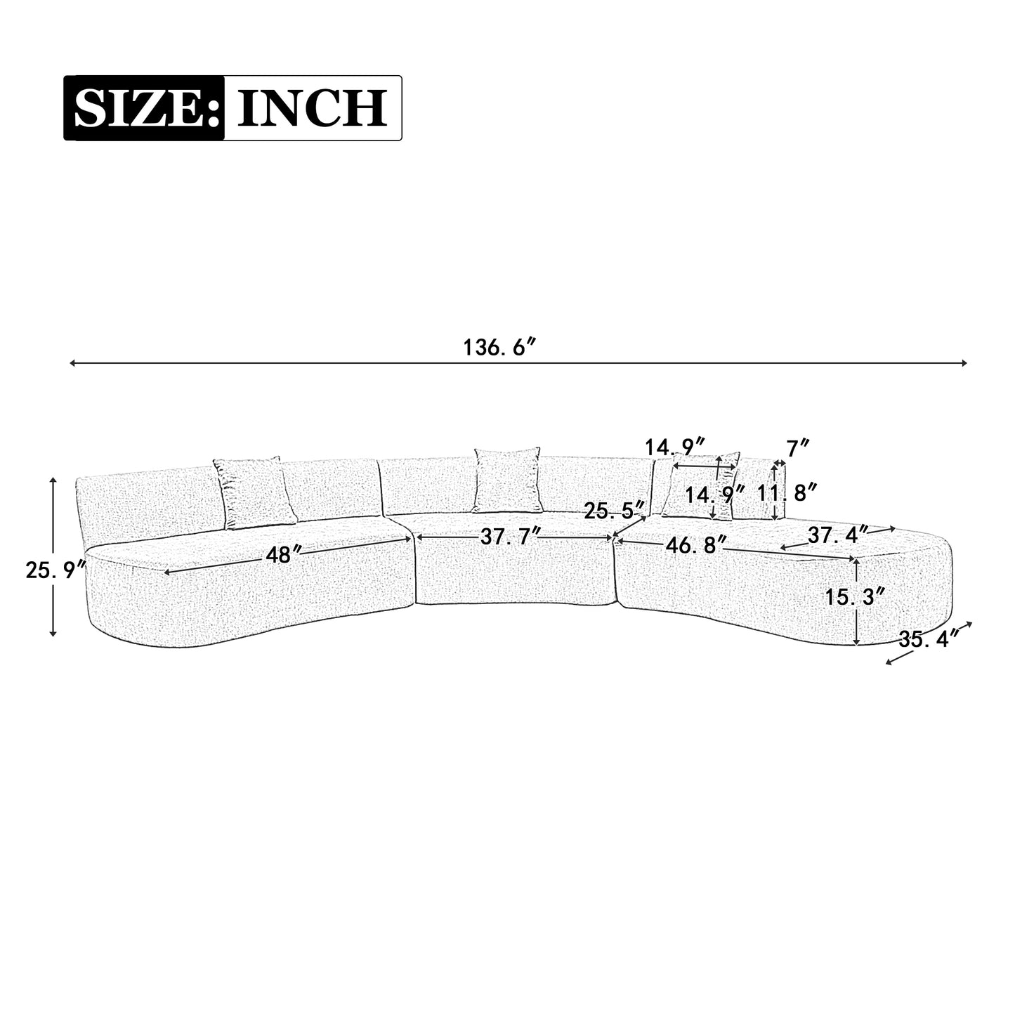 136.6" Stylish Curved sofa Sectional Sofa, Grey
