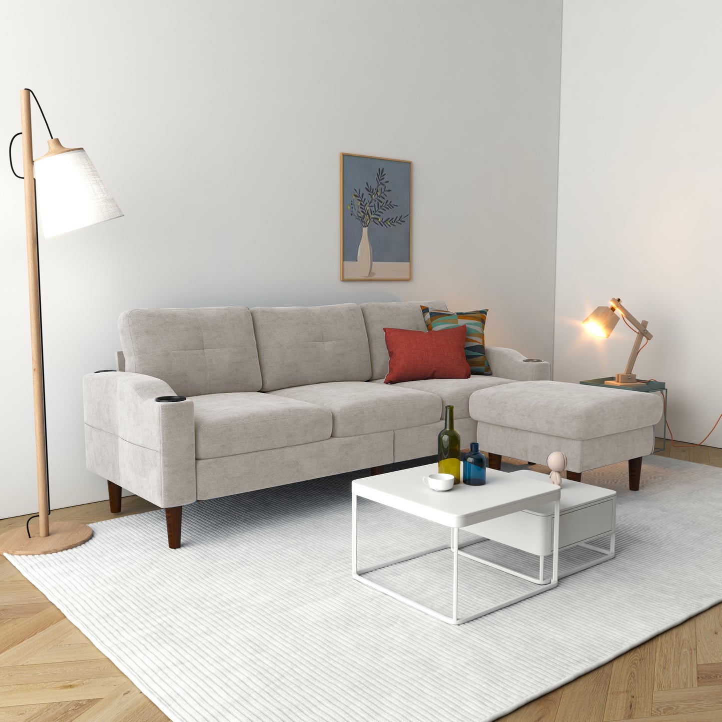 Combination Sofa Sofa L-Shaped Sofa with Footstools with Storage, Beige