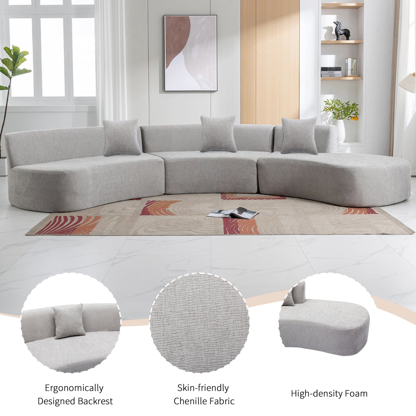 136.6" Stylish Curved sofa Sectional Sofa, Grey