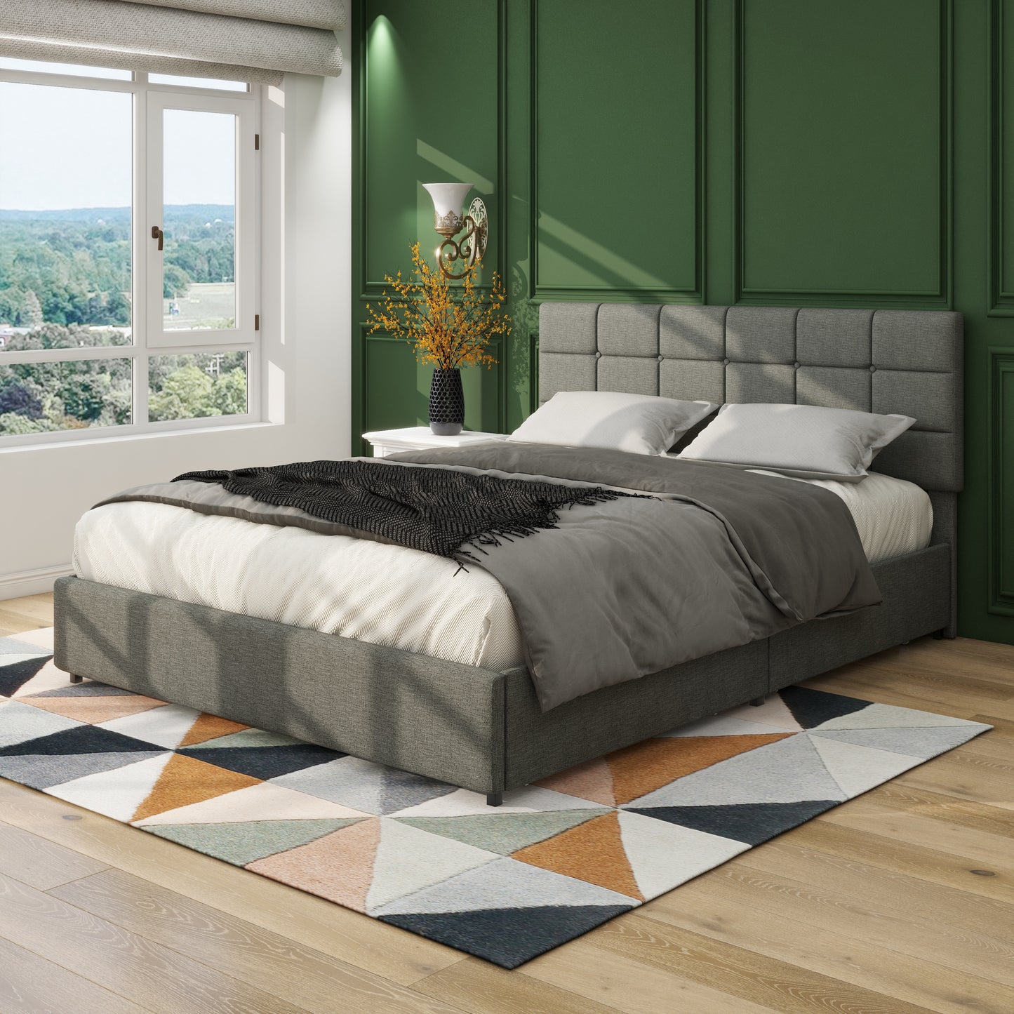 Queen Size Gray Linen Upholstered Platform Bed with Patented 4 Drawers Storage, No Box Spring Required
