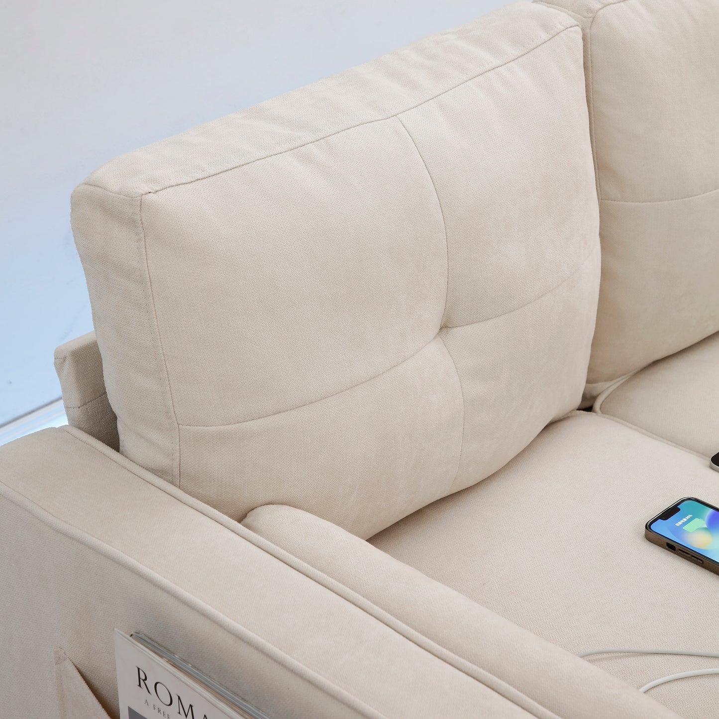 75.2"Sectional So fa Couch with 2 Side Pockets, Modern Sofa with 2USB Ports on the Armrest, Power Sofa with LED Lights,ottoman with storage