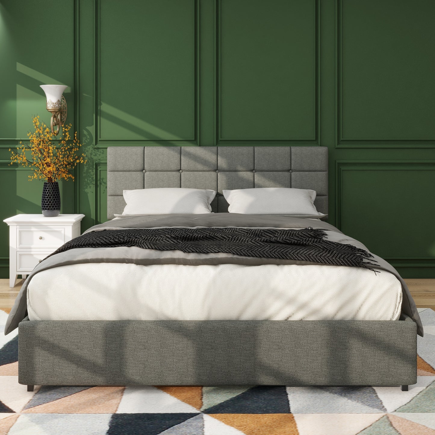 Queen Size Gray Linen Upholstered Platform Bed with Patented 4 Drawers Storage, No Box Spring Required