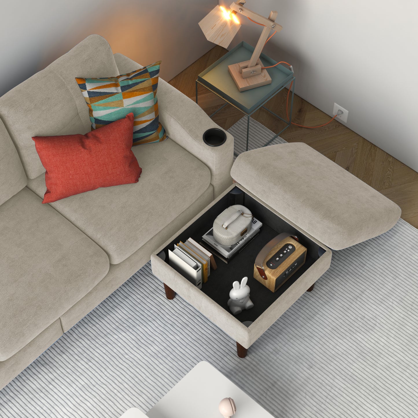 Combination Sofa Sofa L-Shaped Sofa with Footstools with Storage, Beige