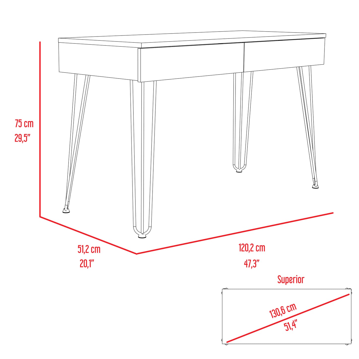 2-Drawer Writing Desk with Hairpin Legs Smokey Oak