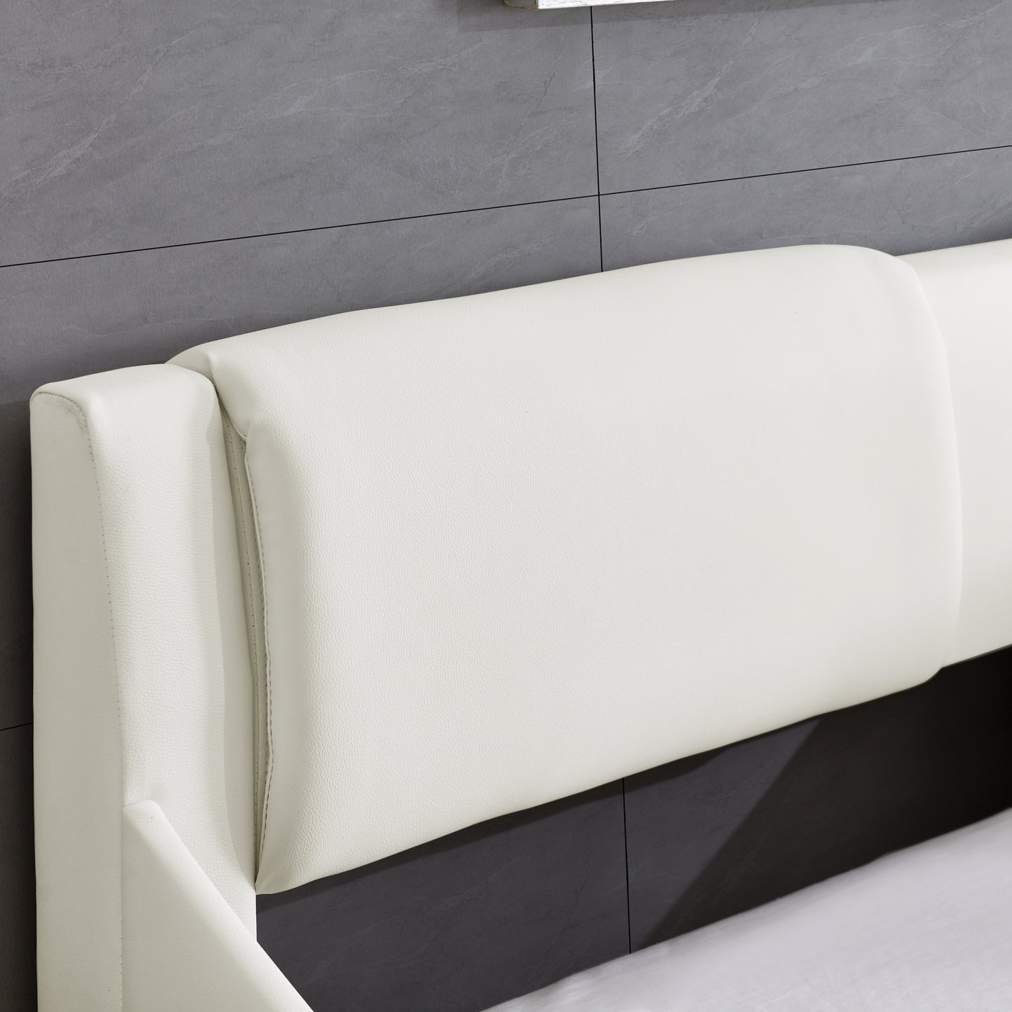 Queen Bed Frame Modern Faux Leather Upholstered Platform Bed Frame with and Headboard ,White