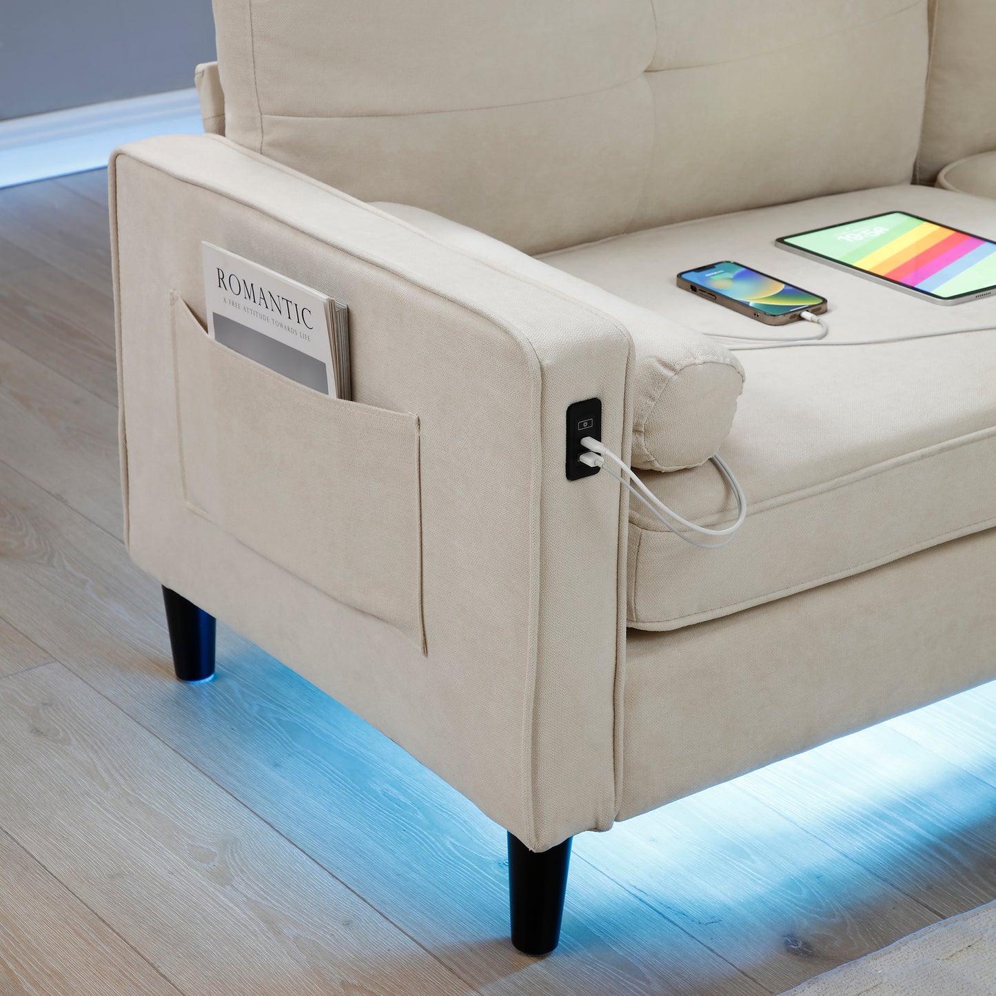 75.2"Sectional So fa Couch with 2 Side Pockets, Modern Sofa with 2USB Ports on the Armrest, Power Sofa with LED Lights,ottoman with storage