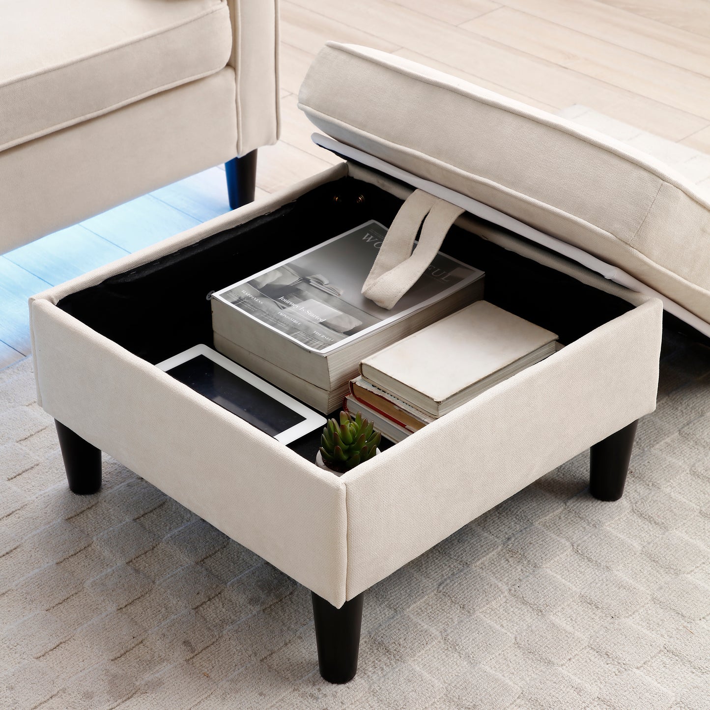 75.2"Sectional So fa Couch with 2 Side Pockets, Modern Sofa with 2USB Ports on the Armrest, Power Sofa with LED Lights,ottoman with storage