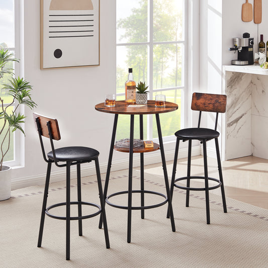 Round bar stool set with shelf, upholstered stool with backrest, Rustic Brown