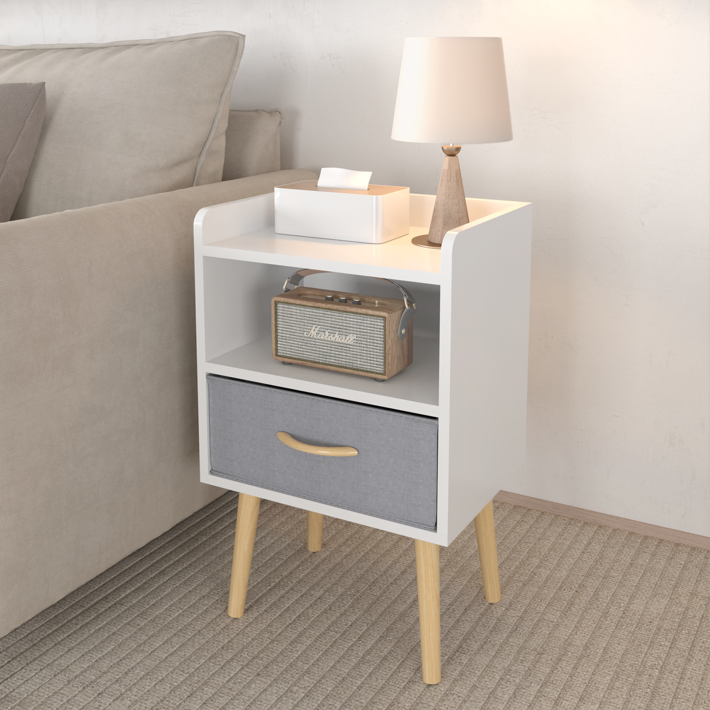 Nightstand With Collapsible Fabric Drawer, 2-Tier Storage End Table - White