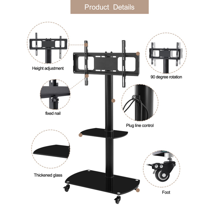 Height and Angle Adjustable Multi-Function Tempered Glass Metal Frame Floor With Lockable Wheels Mobile TV Stand, LCD/Plasma TV bracket