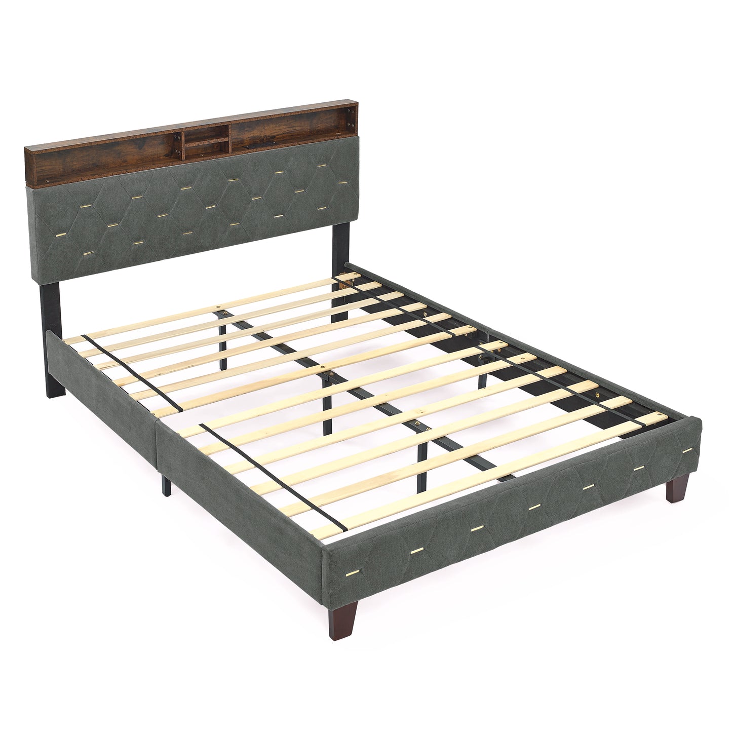 Queen Size Bed Frame, Shelf Upholstered Headboard, Platform Bed with Outlet & USB Ports Grey