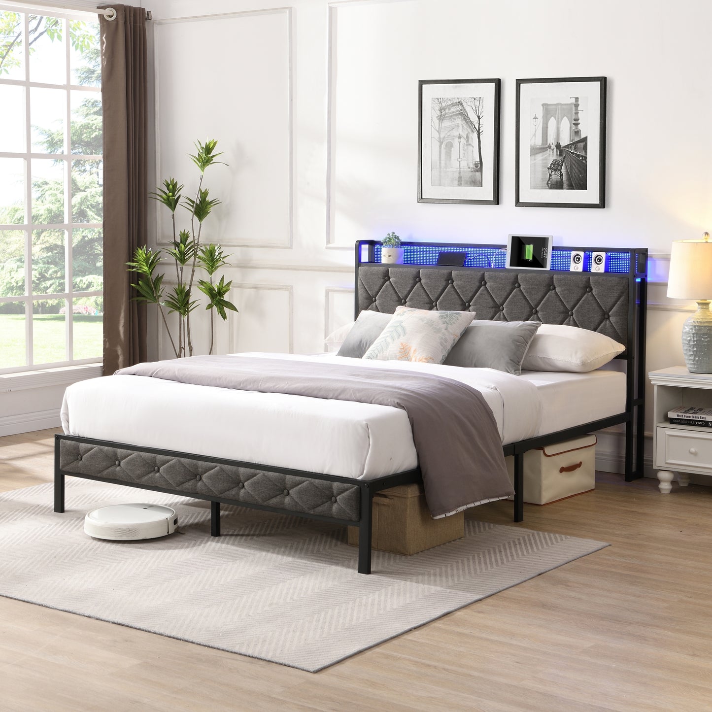 Queen Bed Frame with Storage Headboard, Charging Station and LED Lights, Dark Gray