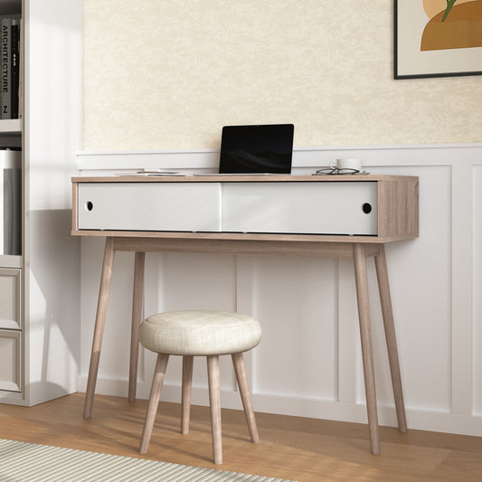 Table with 2 White Sliding Doors, Console Table with Storage Space and Wood Legs