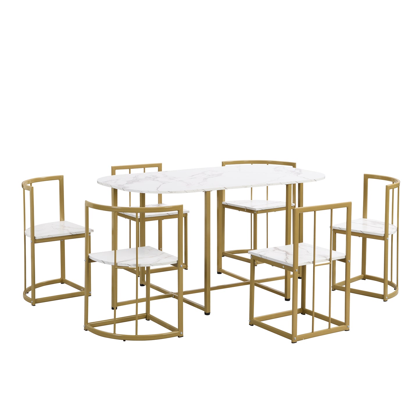 Modern 7-Piece Dining Table Set with Faux Marble Compact 55Inch Kitchen Table Set for 6, Golden+White