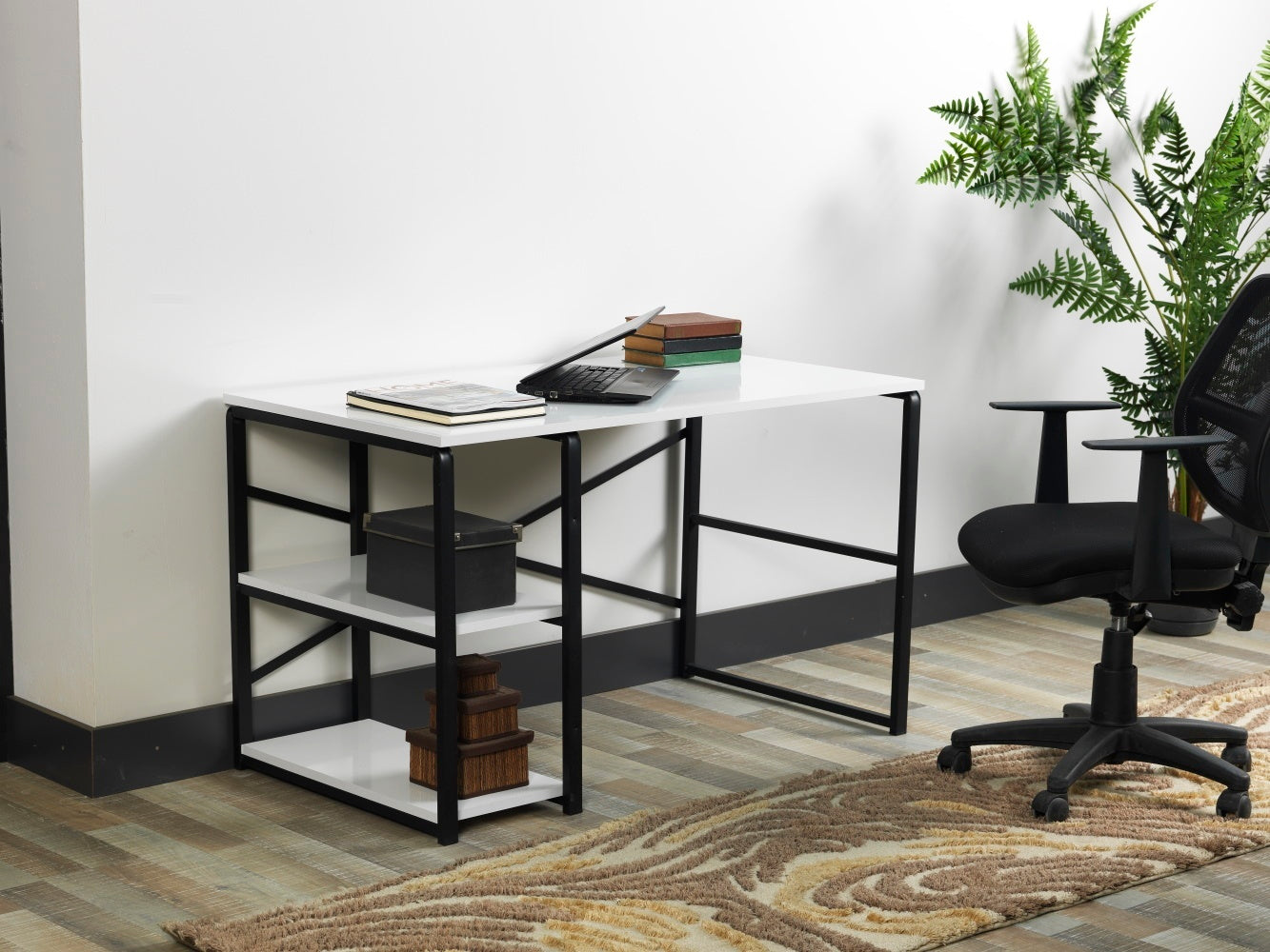 Store Sage Black Metal Frame 47" Wooden Top 2 Shelves Writing and Computer Desk for Home Office, White