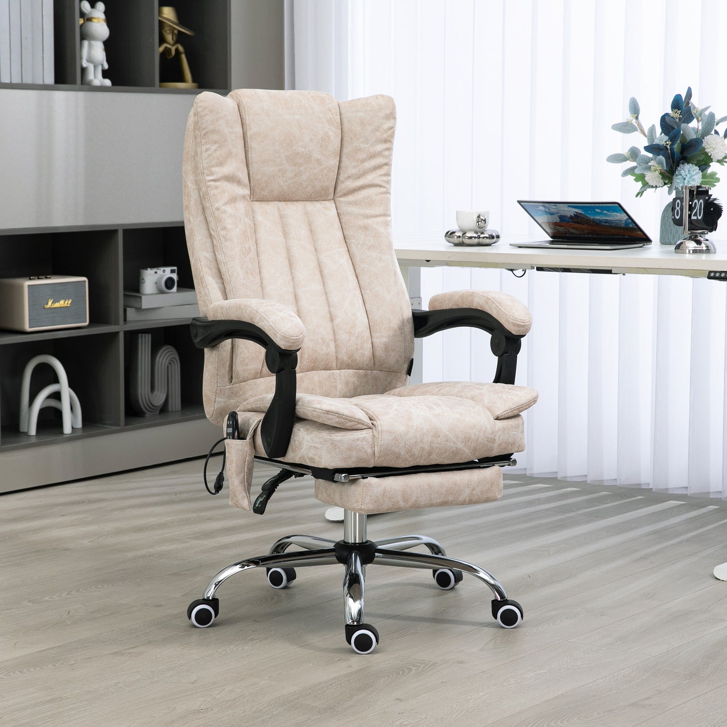 Office Chair, High Back Computer Chair with 6 Point Massage, Heat, Adjustable Height and Retractable Footrest, Cream White