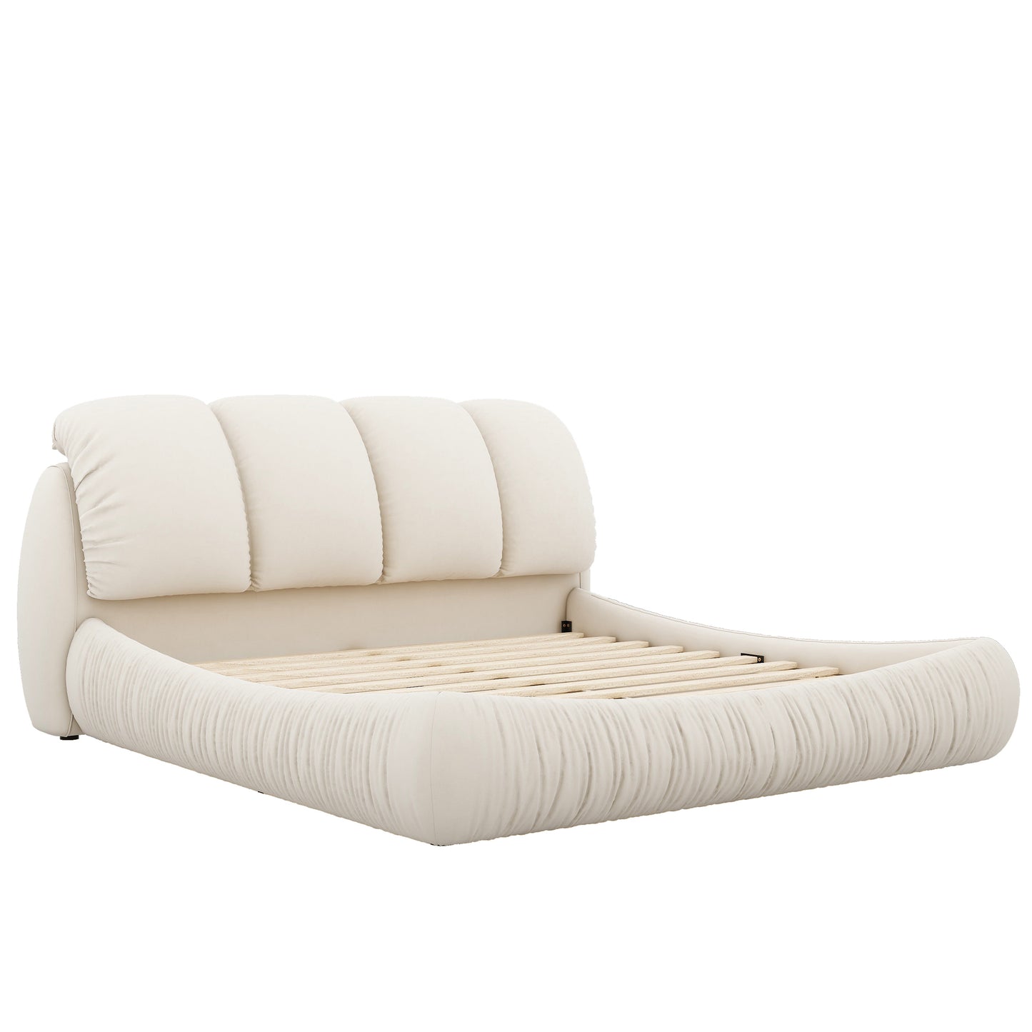 Queen Size Luxury Upholstered Bed With Thick Headboard, Velvet Queen Bed with Oversized Padded Backrest, Beige