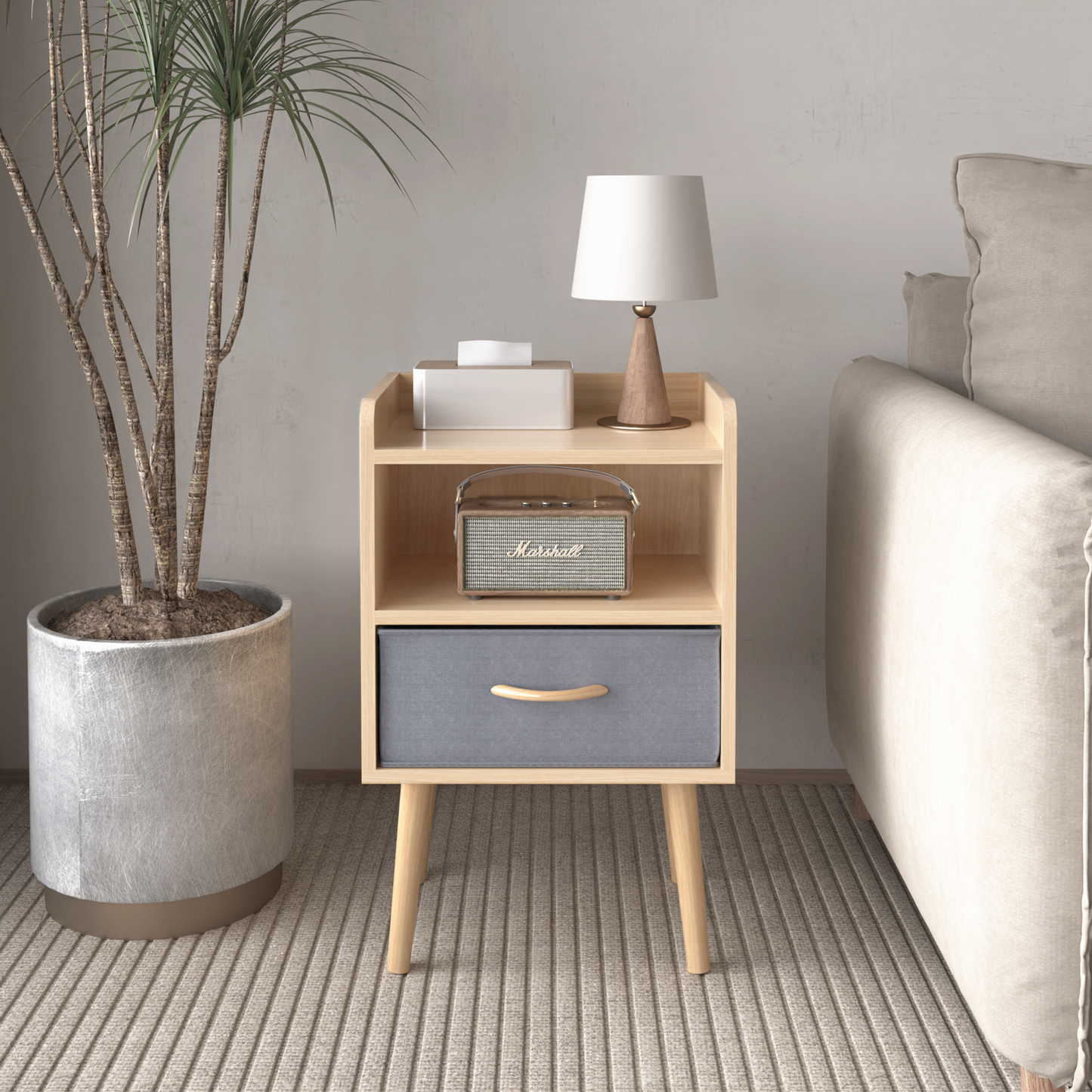 Nightstand With Collapsible Fabric Drawer, 2-Tier Storage End Table - Oak