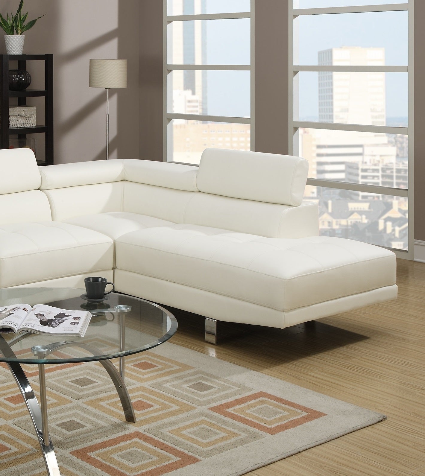 White Color Sectional Living Room Furniture Faux Leather