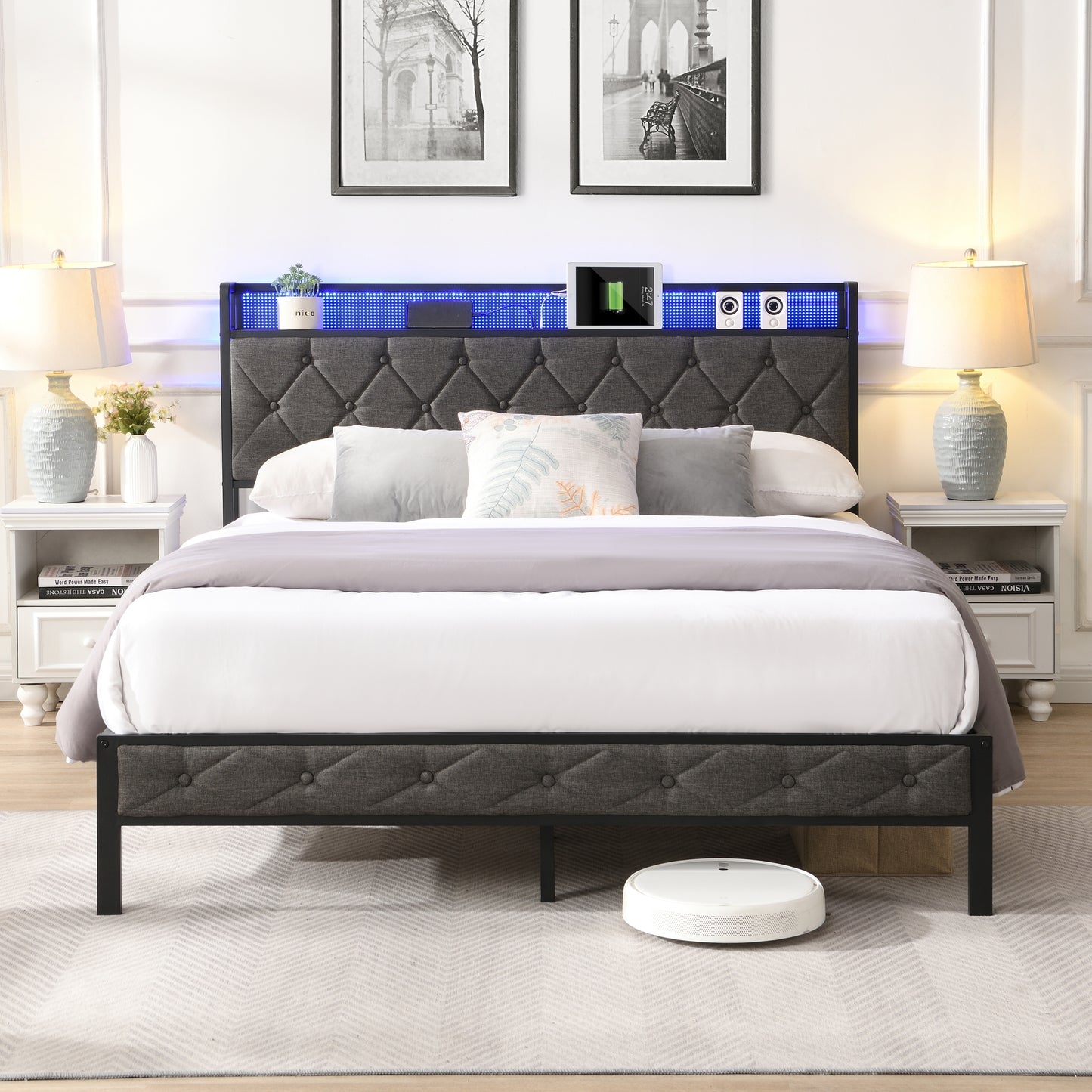 Queen Bed Frame with Storage Headboard, Charging Station and LED Lights, Dark Gray