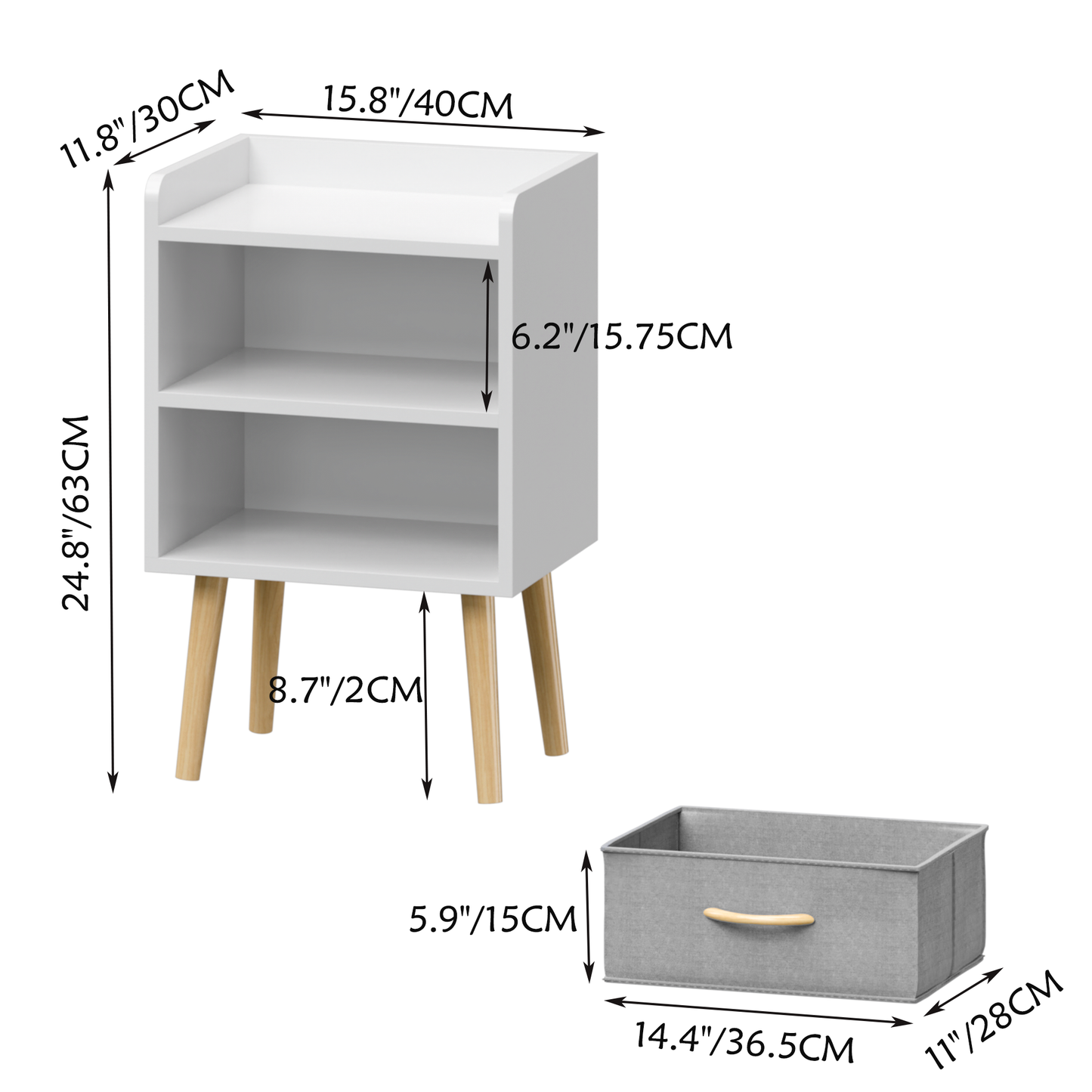 Nightstand With Collapsible Fabric Drawer, 2-Tier Storage End Table - White