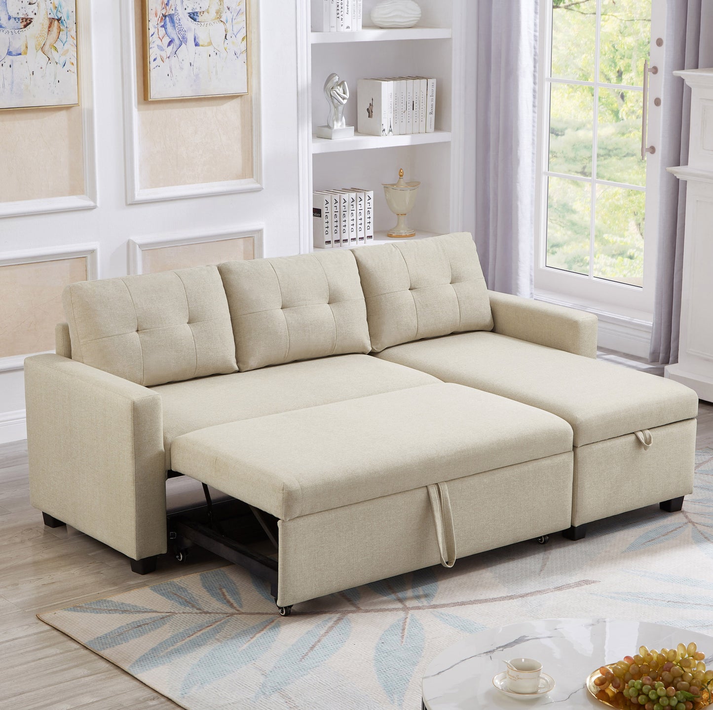 Upholstered Pull Out Sectional Sofa with Storage Chaise, Convertible Corner Couch, Beige