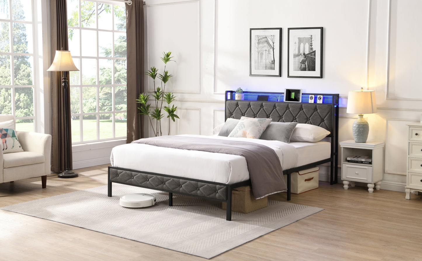 Queen Bed Frame with Storage Headboard, Charging Station and LED Lights, Dark Gray