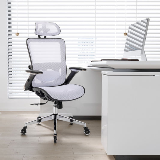 WHITE Ergonomic Mesh Office Chair, High Back - Adjustable Headrest with Flip-Up Arms