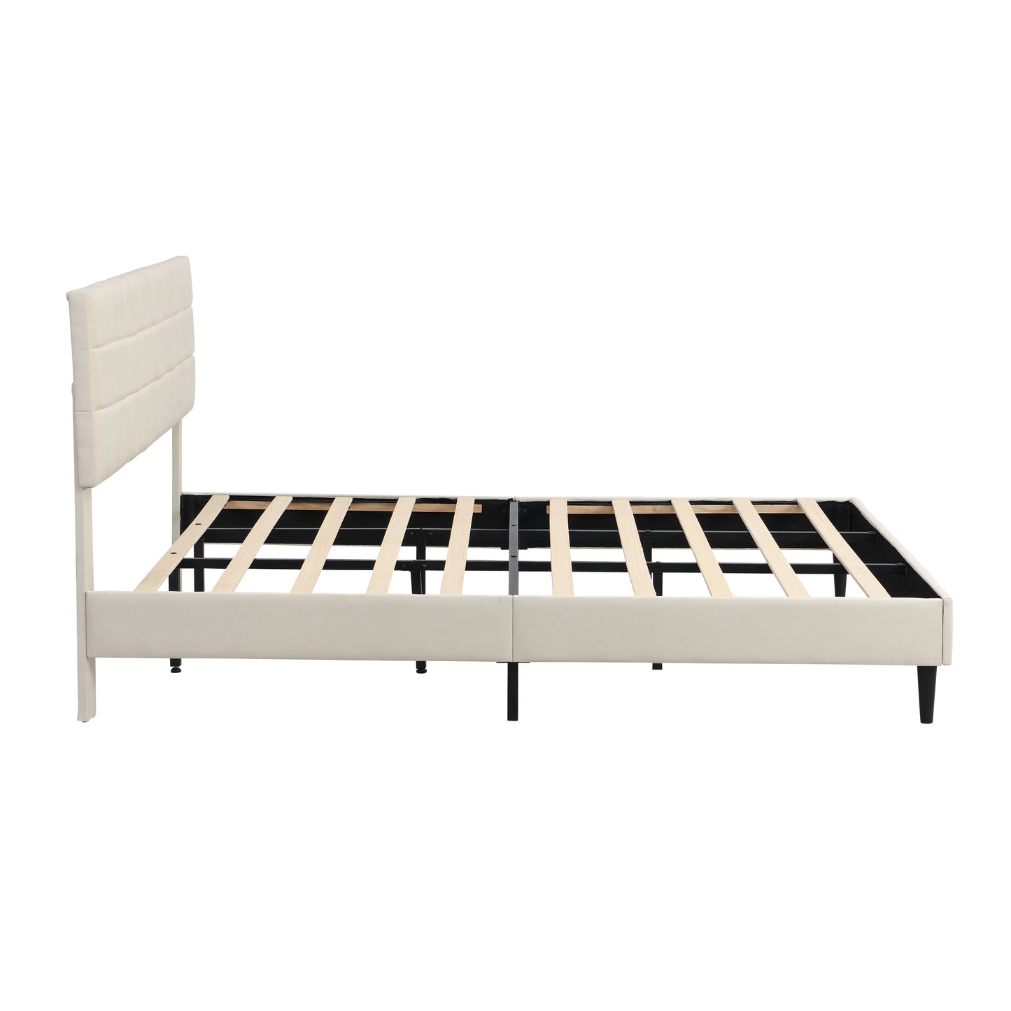 King Size Platform Bed Frame with Fabric Upholstered Headboard and Wooden Slats, No Box Spring Needed/Easy Assembly, Dark Beige