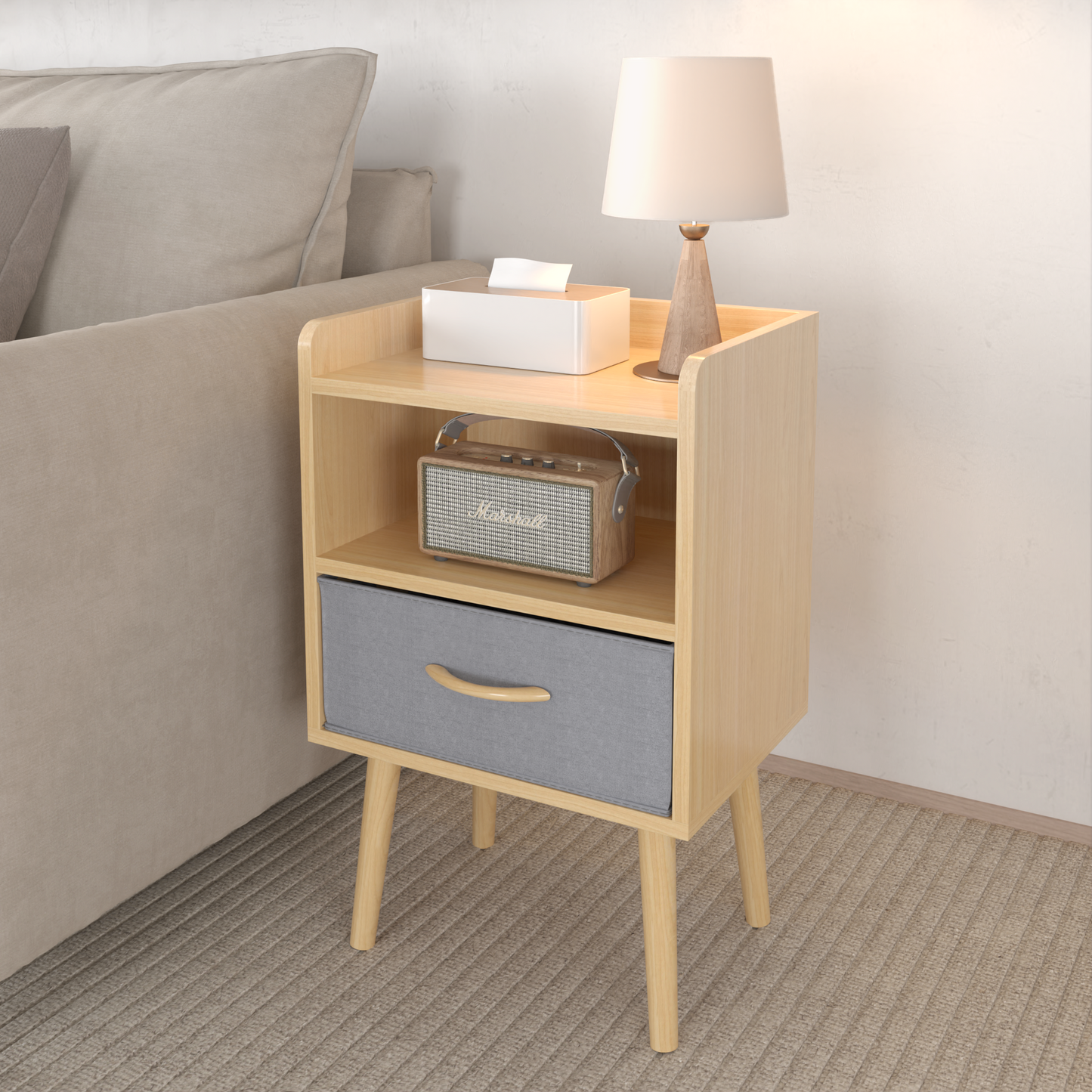 Nightstand With Collapsible Fabric Drawer, 2-Tier Storage End Table - Oak