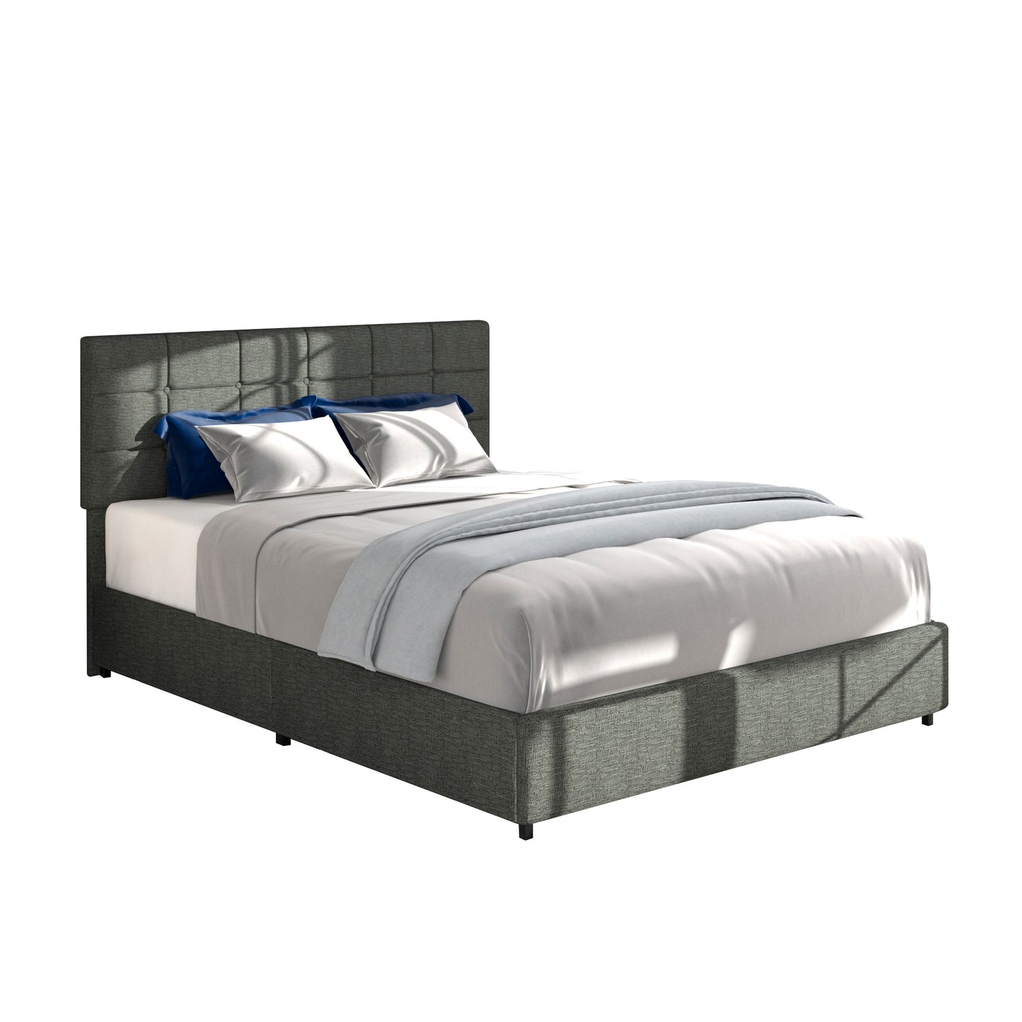 Queen Size Gray Linen Upholstered Platform Bed with Patented 4 Drawers Storage, No Box Spring Required