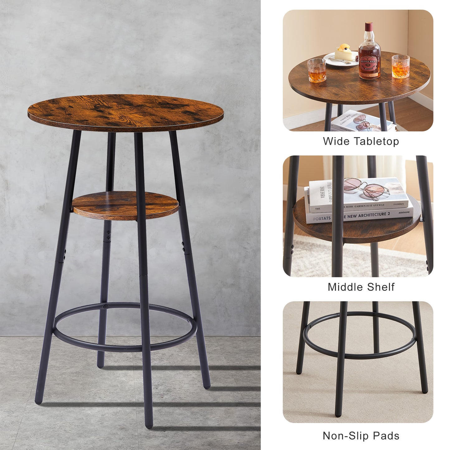 Round bar stool set with shelf, upholstered stool with backrest, Rustic Brown