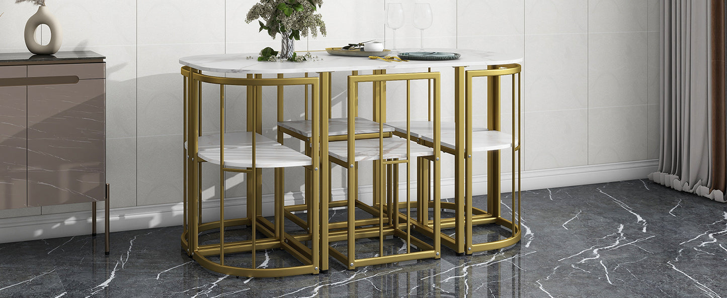 Modern 7-Piece Dining Table Set with Faux Marble Compact 55Inch Kitchen Table Set for 6, Golden+White