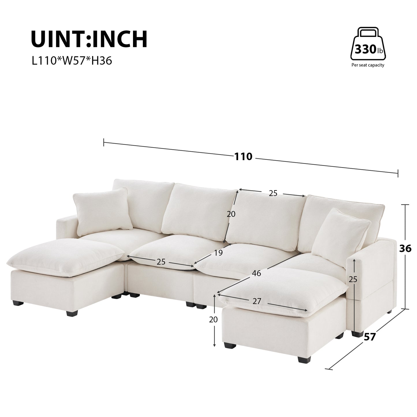 110*57" U Shape Modular Sofa, 6 Seat Chenille Sectional Couch Set with 2 Pillows Included