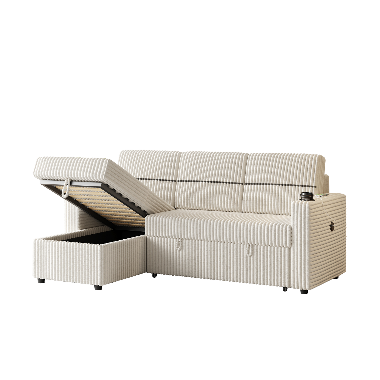 85 Inches Corduroy Sofa Bed With Two Cup-holder And USB Charge Port