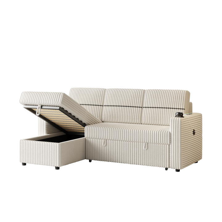 85 Inches Corduroy Sofa Bed With Two Cup-holder And USB Charge Port
