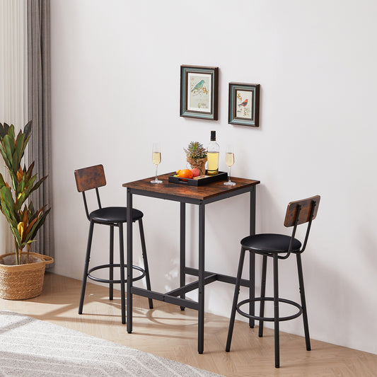 Bar Table Set with 2 Bar stools PU Soft seat with backrest, Rustic Brown