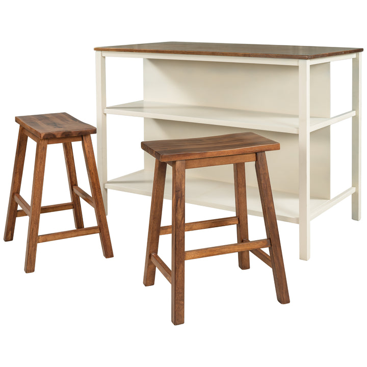 Solid Wood Rustic 3-piece 45" Stationary Kitchen Island Set with 2 Seatings, Rubber Wood