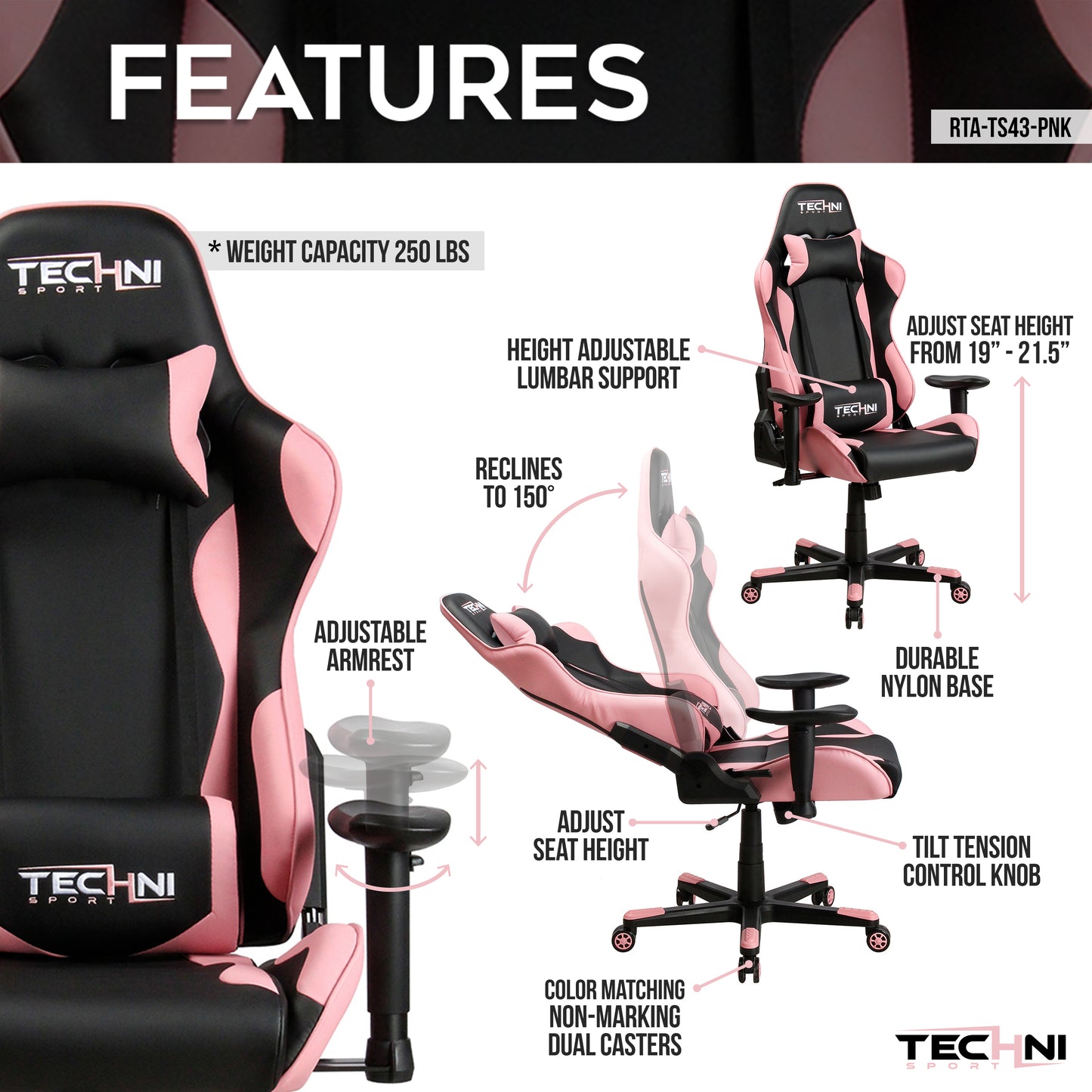 Sport TS-4300 Ergonomic High Back Racer Style PC Gaming Chair, Pink