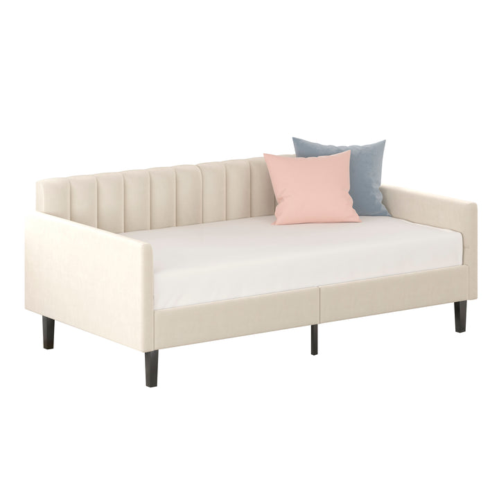Twin Size Beige Velvet Upholstered Daybed, Ribbed Tufted Backrest