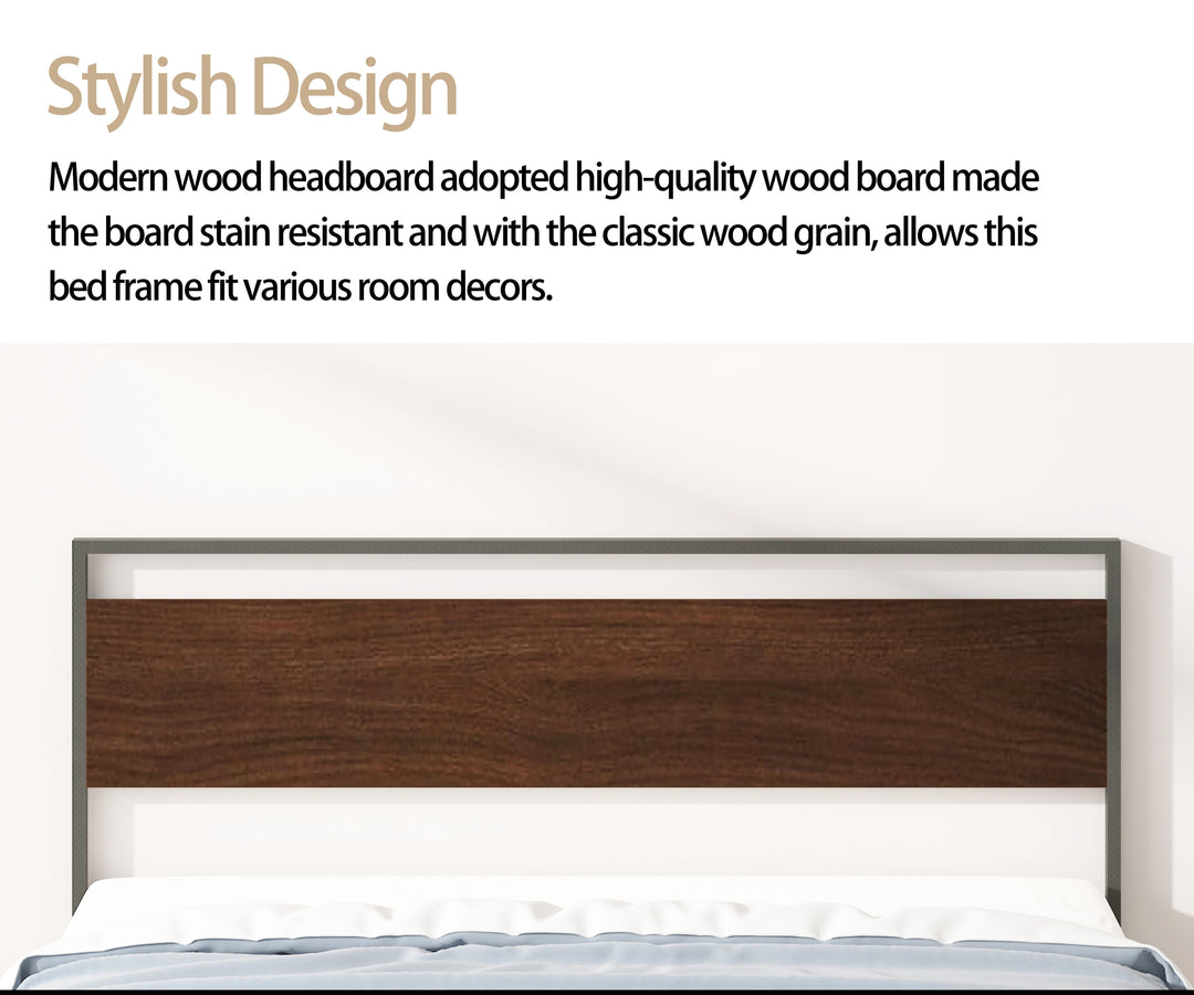Metal Bed, Black with Walnut wood Headboard&Footboard, King