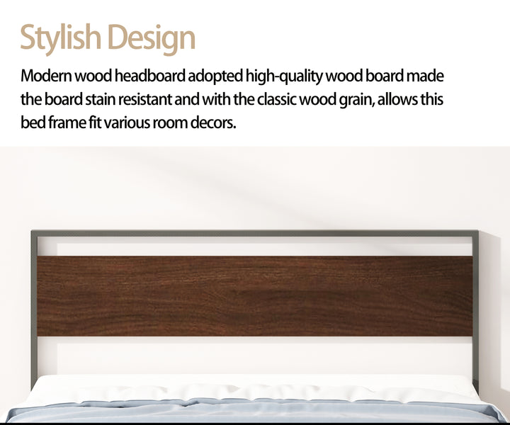 Metal Bed, Black with Walnut wood Headboard&Footboard, King