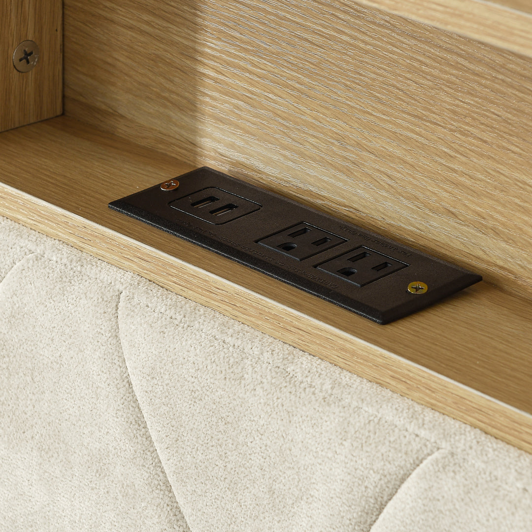 Queen Size Bed Frame, Shelf Upholstered Headboard, Platform Bed with Outlet & USB Ports Beige