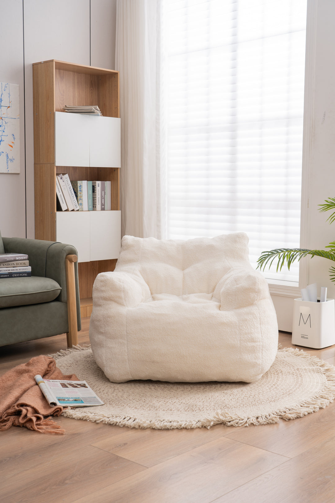 Soft Teddy Fabric Tufted Foam Bean Bag Chair With Teddy Fabric Ivory White