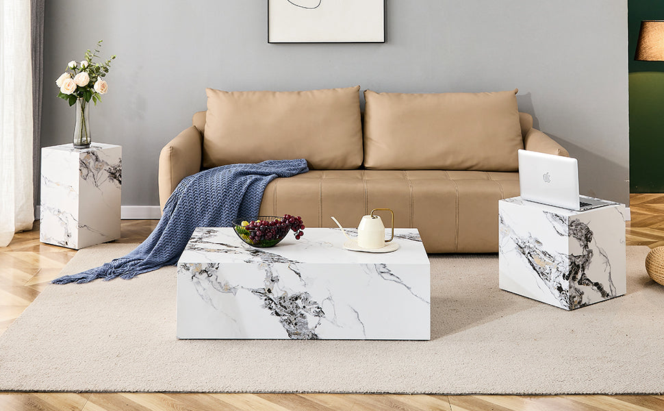 Modern MDF Coffee Table with Marble Pattern - 39.37x23.62x11.81 inches