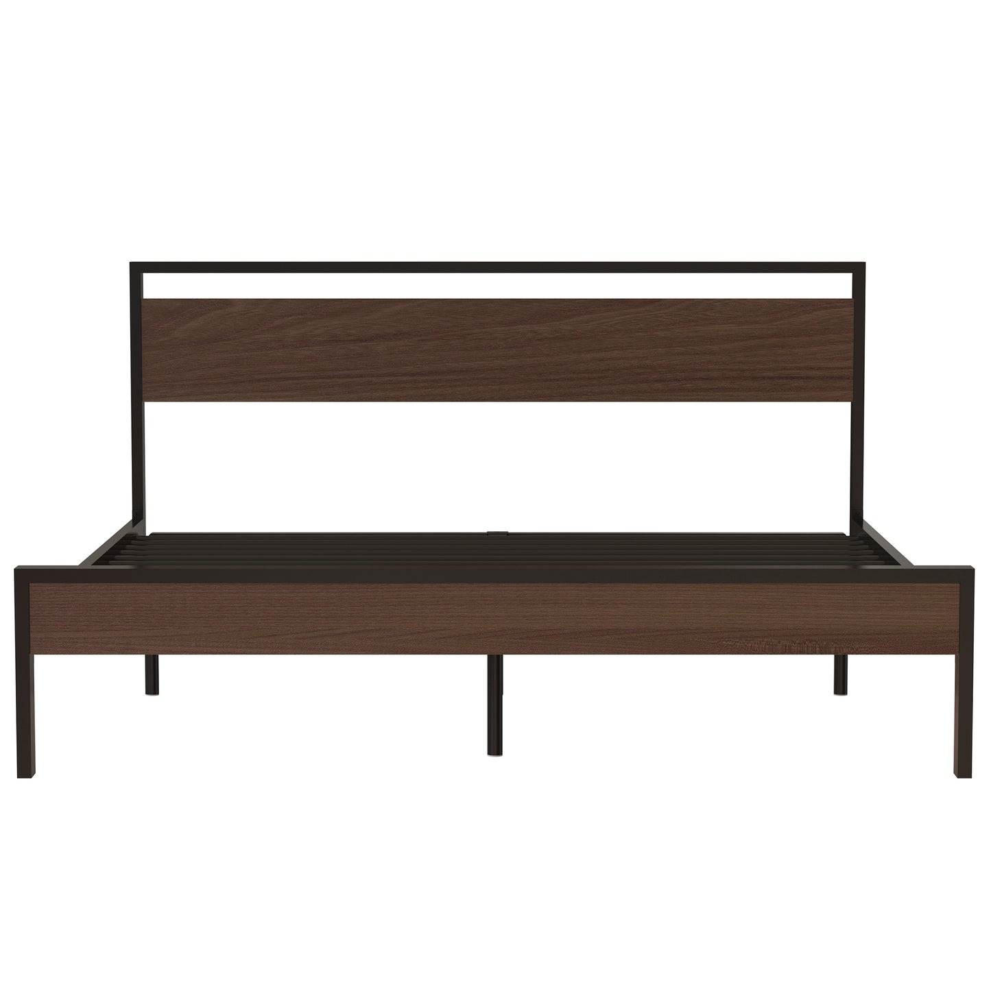 Metal Bed, Black with Walnut wood Headboard&Footboard, King