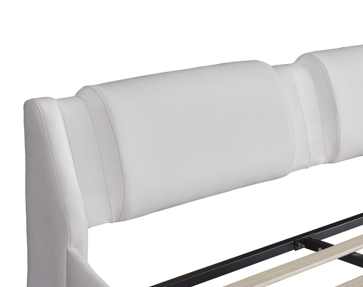 Queen Size Upholstered Faux Leather Platform Bed with LED Light Bed Frame with Slatted - White