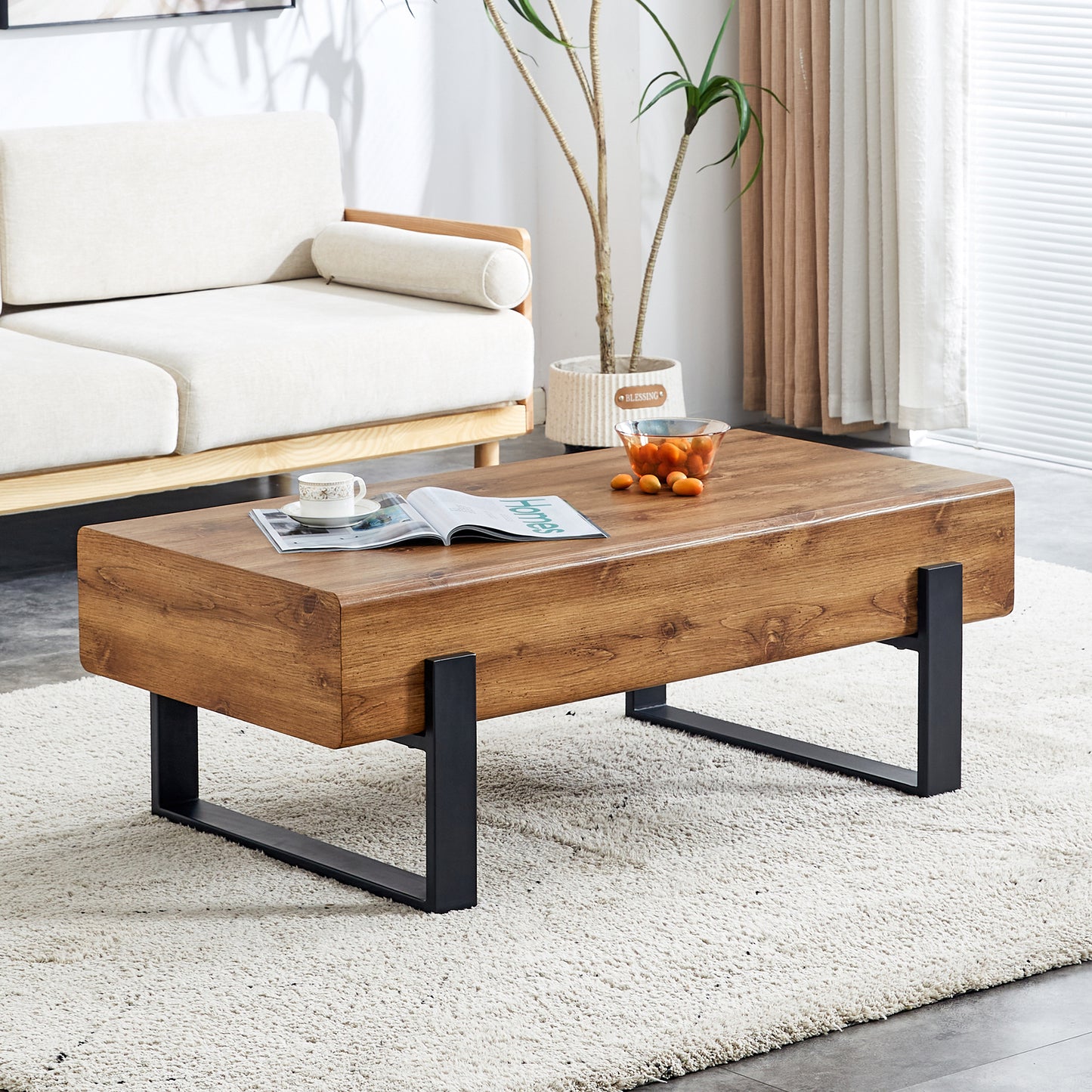 Rustic MDF Coffee Table with Metal Legs - Natural Wood Tone Elegance for Your Space